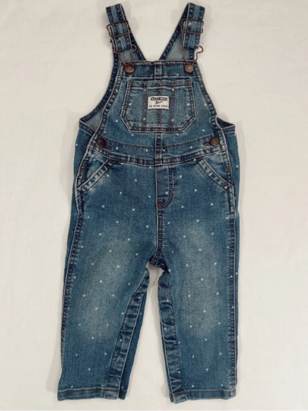 OshKosh B'gosh Denim Overalls in Blue with‎ White Dot Print